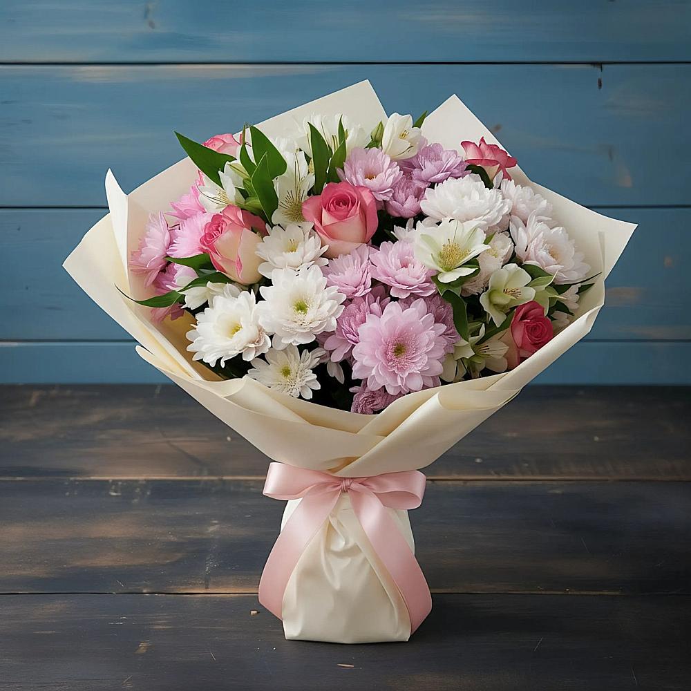 Букет цветов из: Хризантемы, Альстромерии и Розы в Боровичах